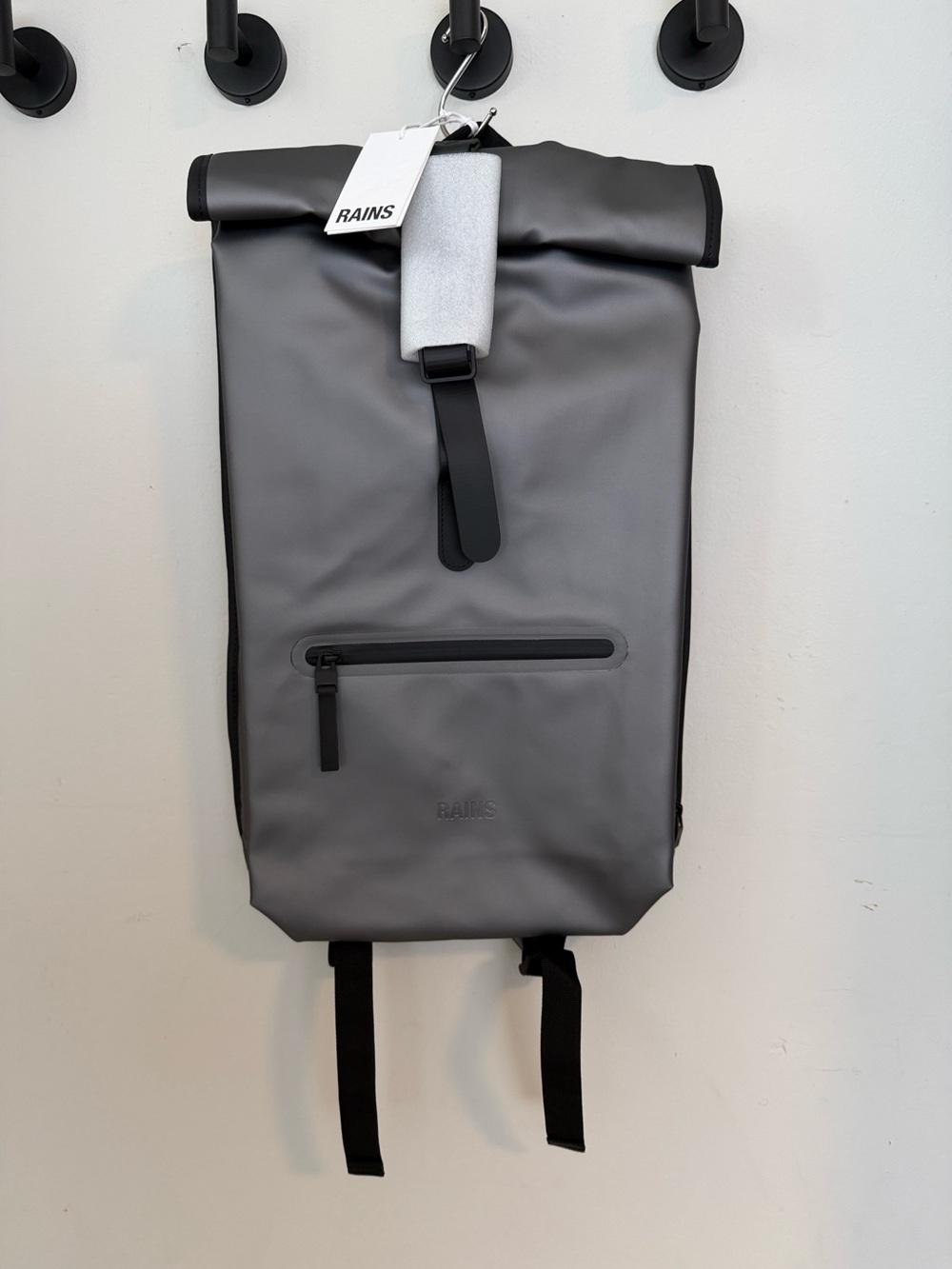 Rains Gray Roll-Top Backpack with Front Zip Pocket